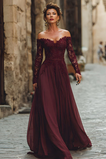 Cabernet Une ligne dénudée épaule longue mère de la mariée robe avec dentelle